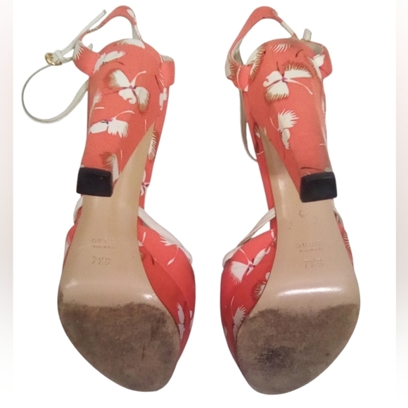 Gucci Floral Bow Peep Toe Ankle Strap Heels Silk Platform 5" Heels Size 7.5 - Picture 5 of 5